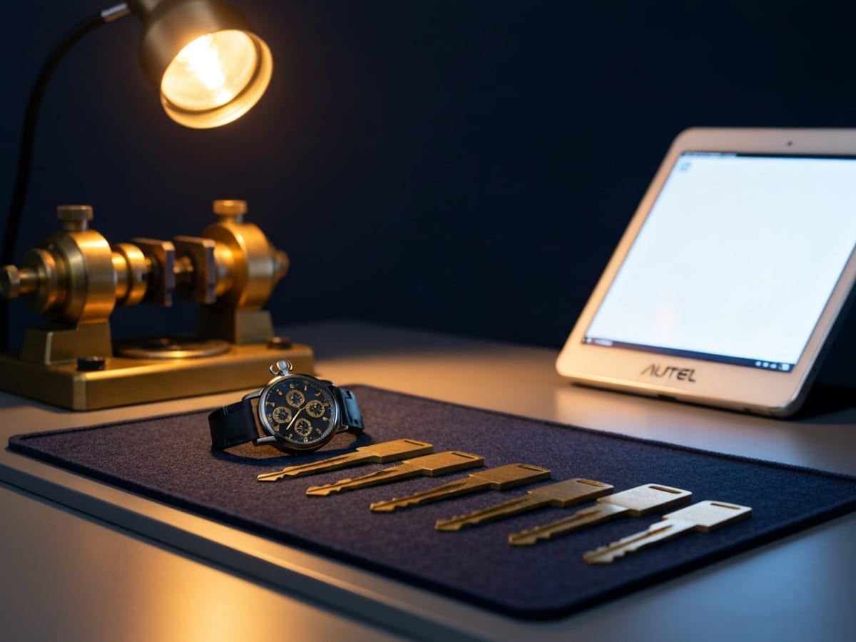 Mobile automotive locksmith workshop with brass keys, chronograph stopwatch, and Autel IM608 diagnostic tablet
