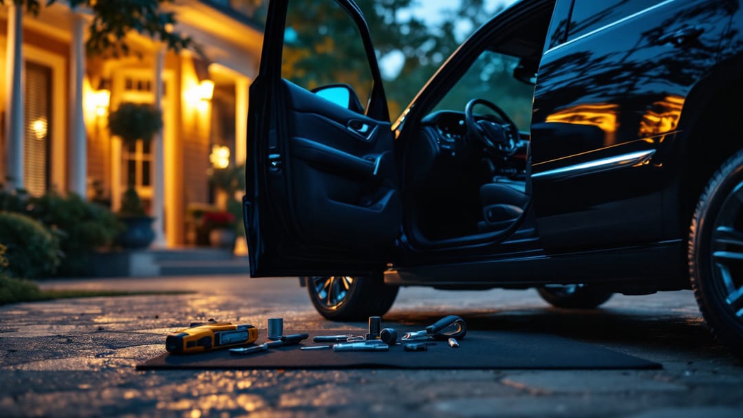 Locksmith servicing the ignition and steering column of a black Cadillac Escalade SUV in Arlington Texas
