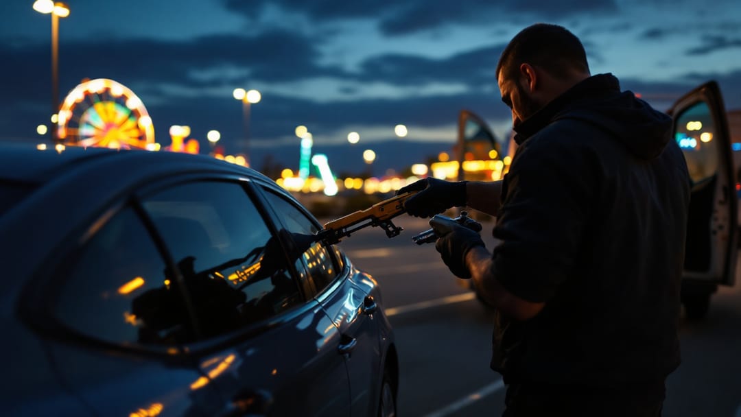 Mobile locksmith performing a non-destructive car lockout entry in a large Arlington Texas parking lot at dusk