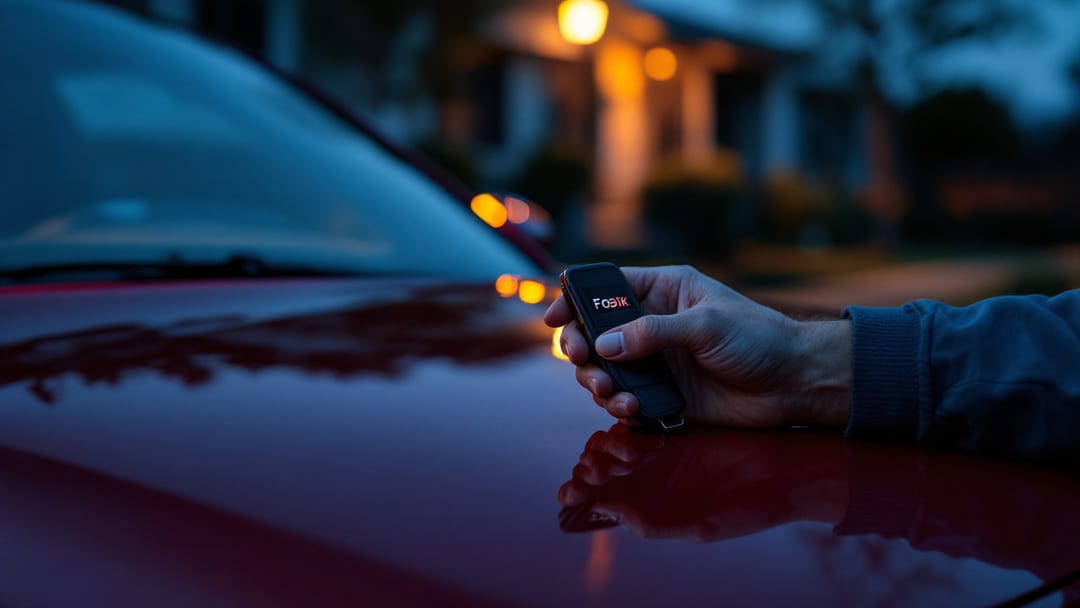 Mobile locksmith programming a new Dodge Charger FOBIK smart key with a diagnostic tablet in Arlington Texas at dusk
