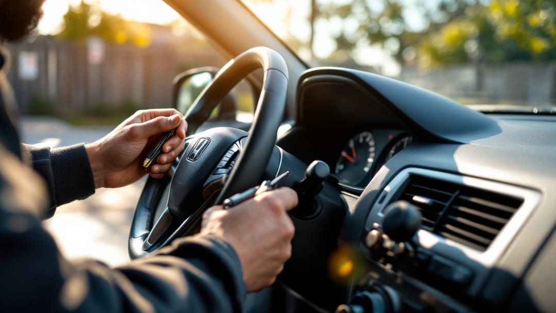 Mobile locksmith removing a worn ignition cylinder from a Honda Accord steering column in an Arlington driveway