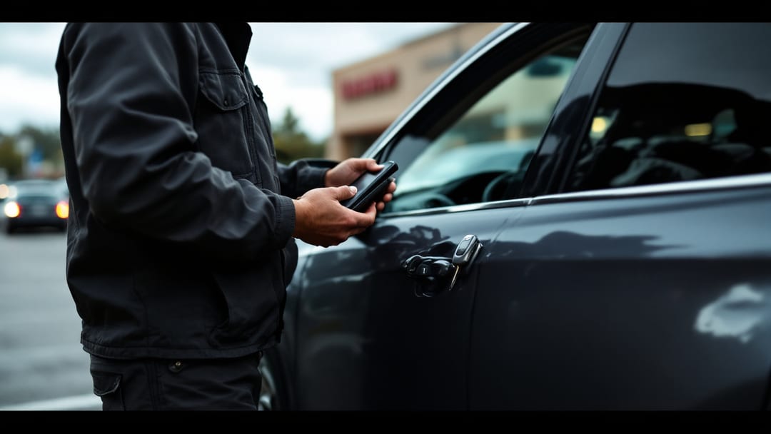 Automotive locksmith pairing a smart key fob to a grey Honda CR-V with a diagnostic tool in an Arlington Texas parking lot