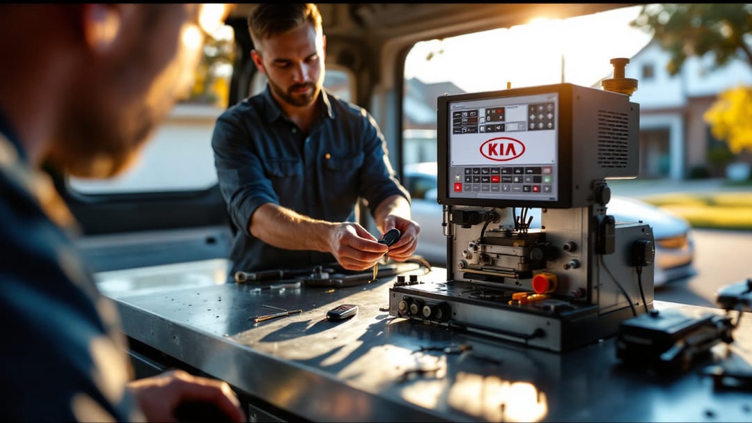 Mobile locksmith cutting a Kia flip key blade on a portable machine beside a Hyundai smart key fob in a sunny Arlington driveway