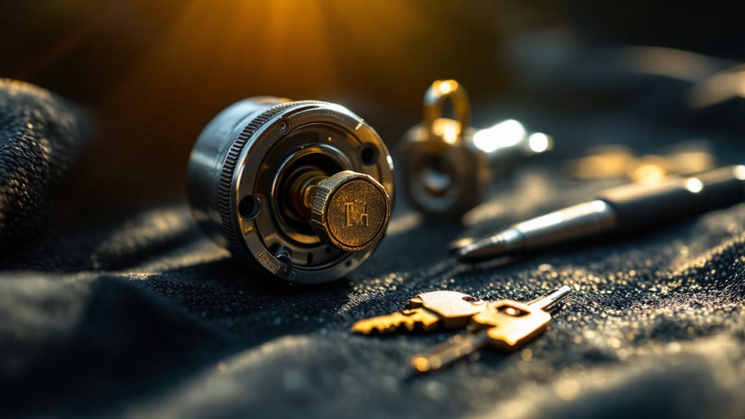 A removed ignition cylinder and worn key beside locksmith picking tools on a shop cloth in an Arlington TX driveway in morning light