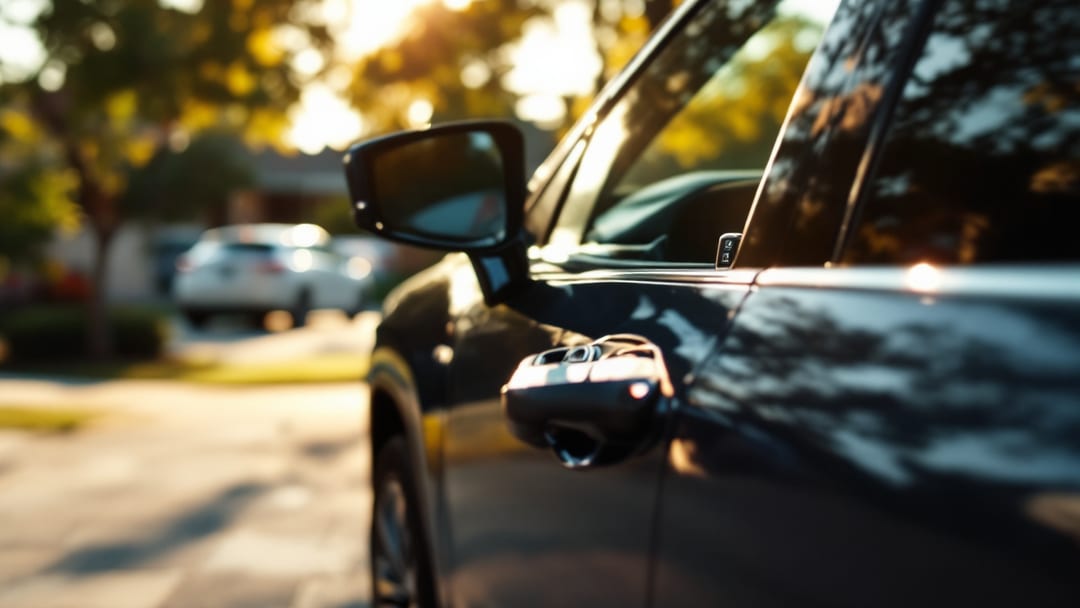 A locksmith examining the push-start ignition and steering column of a Lexus RX SUV parked in an Arlington driveway in morning light