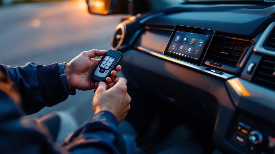 Locksmith programming a Nissan Altima Intelligent Key fob with a diagnostic tablet connected to the OBD port at dusk in Arlington