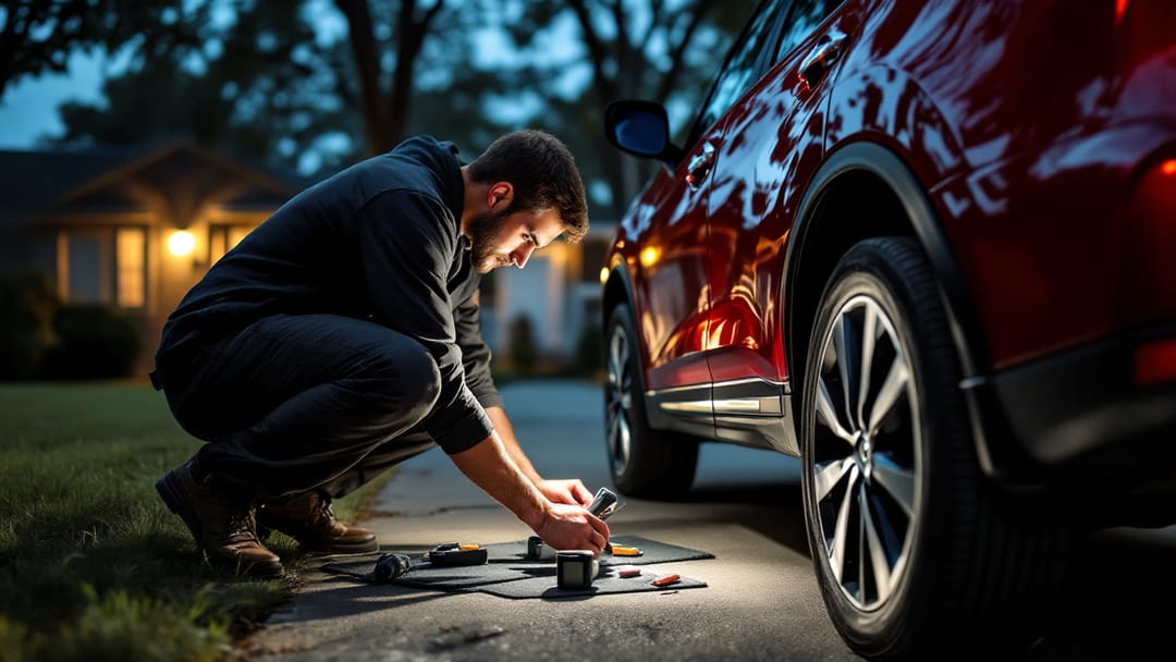 Locksmith diagnosing an ignition and steering lock fault on a red Nissan Rogue SUV in an Arlington Texas driveway