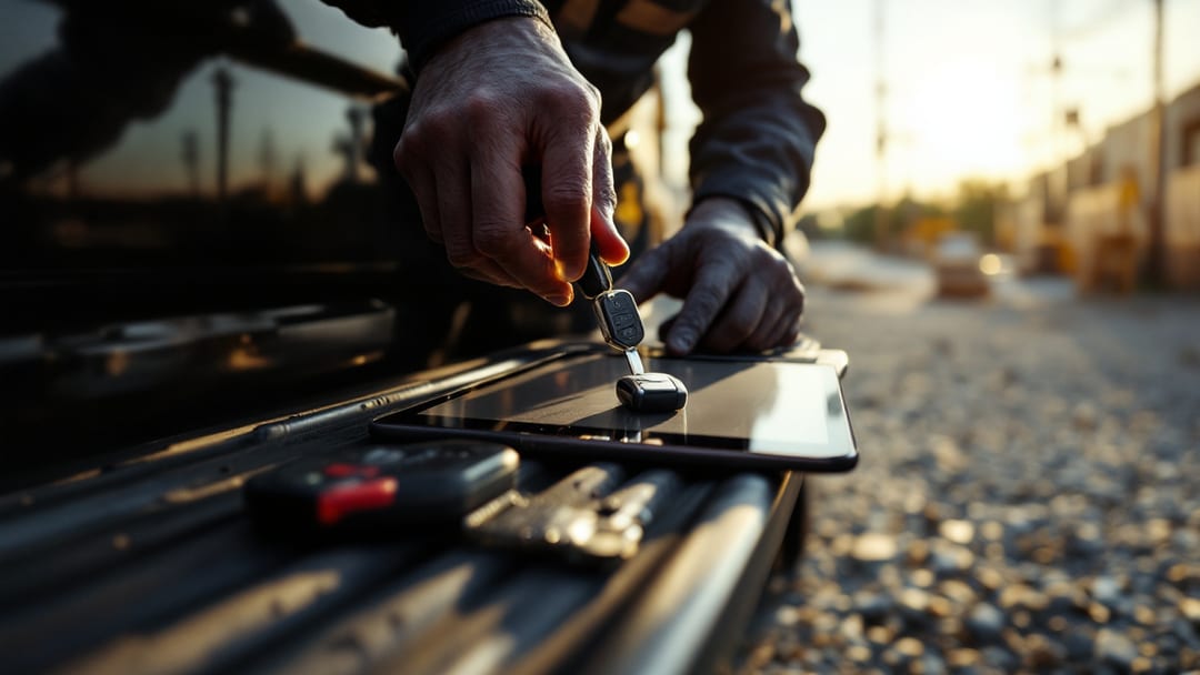 Mobile locksmith cutting a replacement key fob for a black RAM 1500 pickup truck at a work site in Arlington Texas
