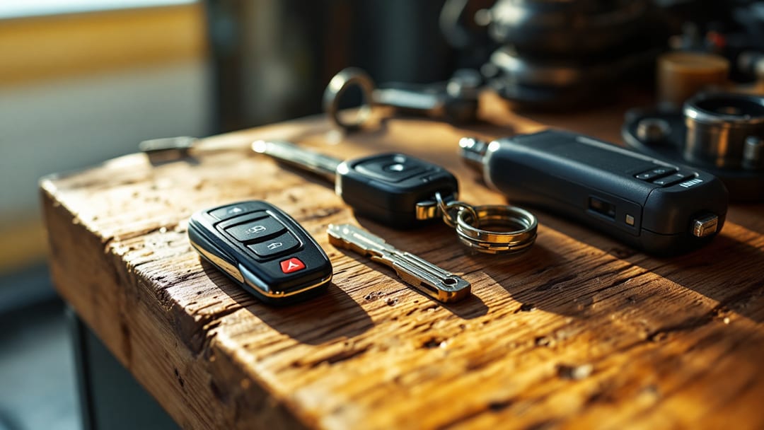 Three types of modern car keys, a transponder chip key, a smart proximity fob, and a remote head key, arranged on a workbench next to a key programmer in an Arlington TX garage at midday